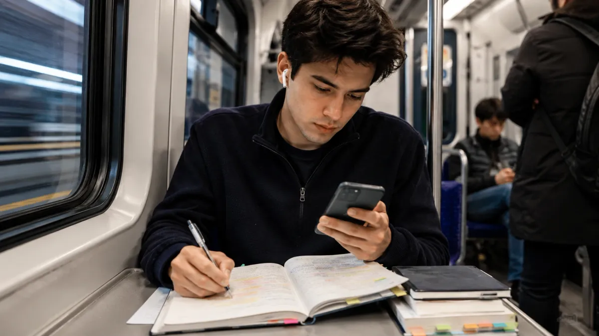 Learner reviewing a real estate exam study page with highlighted question stems, notes, and flashcards on a desk.