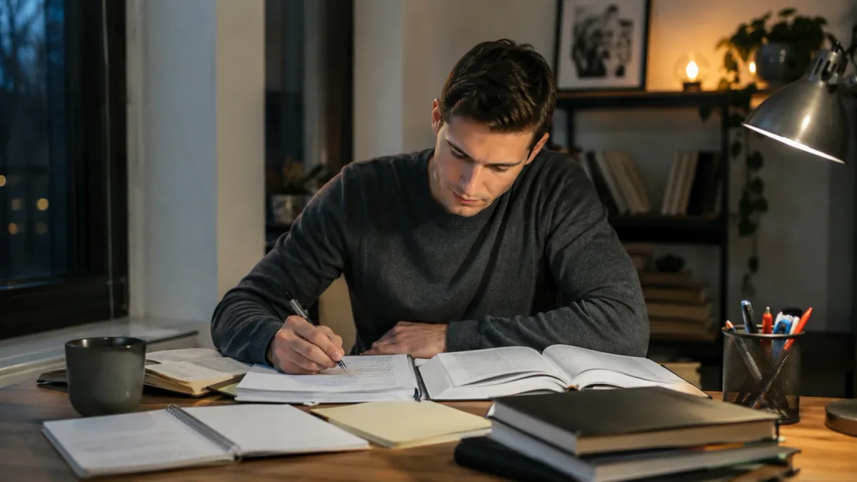 Learner reviewing a real estate exam study page with highlighted question stems, notes, and flashcards on a desk.
