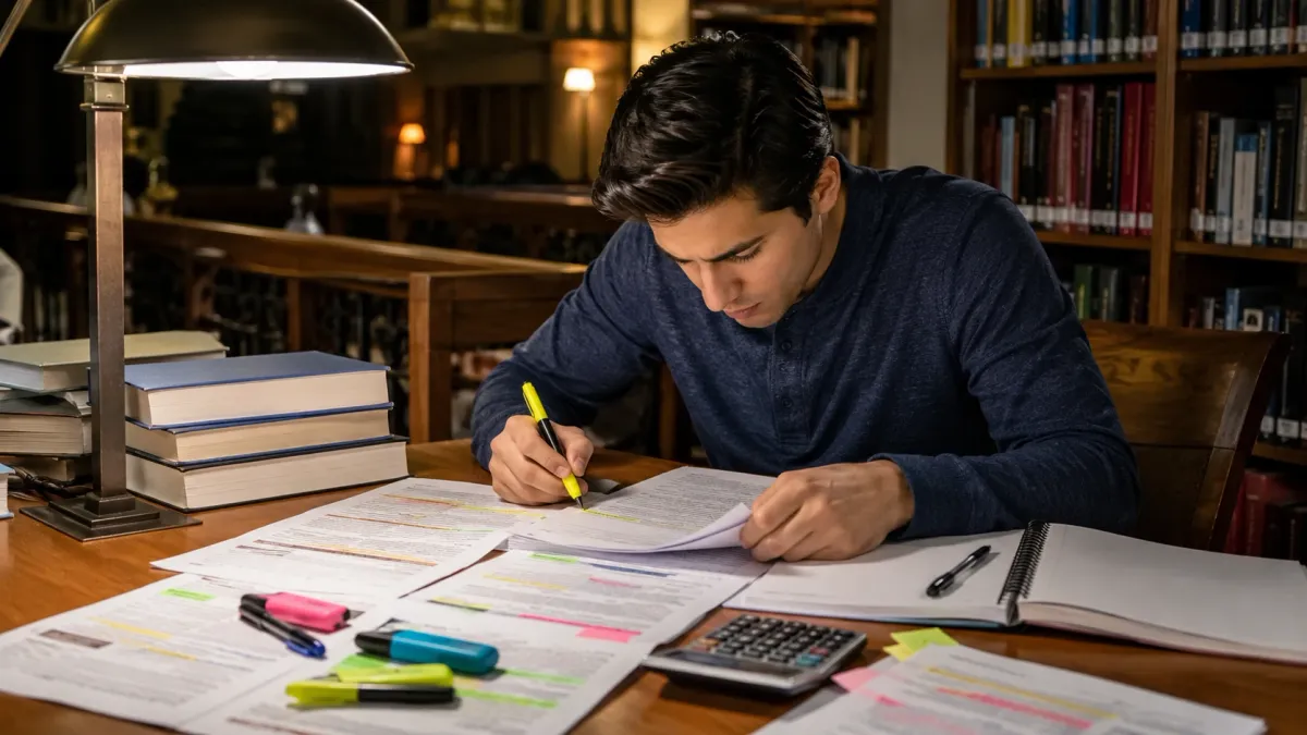 Focused real estate exam study scene with printed notes, flashcards, and a laptop on a tidy desk.