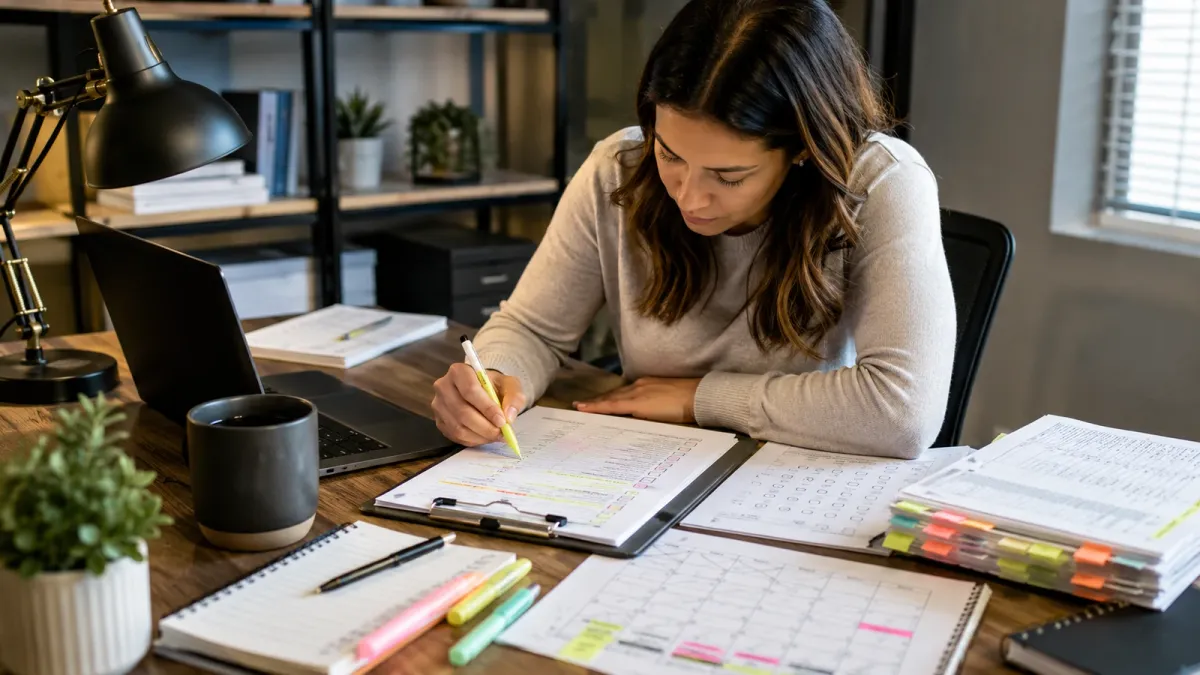Learner working through real estate exam math notes with a calculator, highlighted formulas, and practice pages spread across a desk.