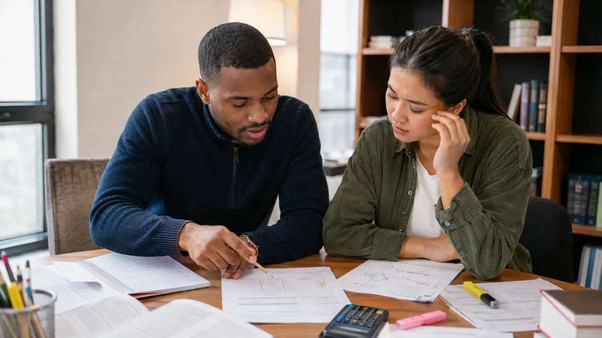 Learner working through real estate exam math notes with a calculator, highlighted formulas, and practice pages spread across a desk.