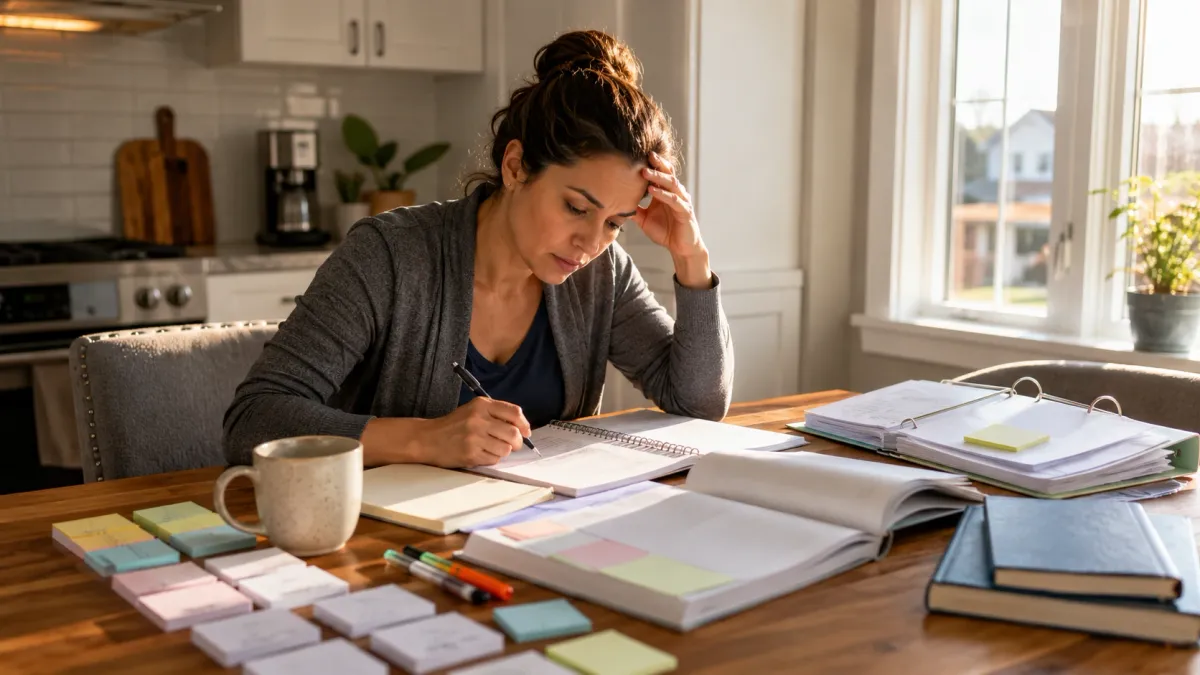 Learner completing real estate practice questions with answer sheets, notes, and study materials arranged on a desk.
