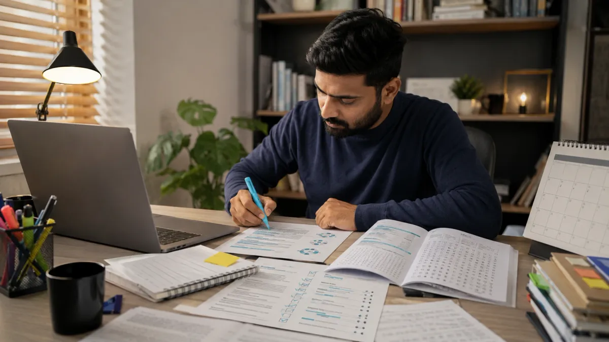 Focused real estate exam study scene with printed notes, flashcards, and a laptop on a tidy desk.