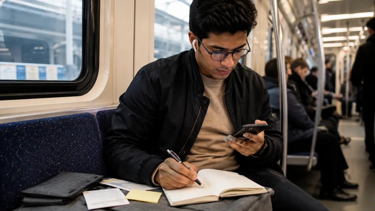 Learner working through real estate exam math notes with a calculator, highlighted formulas, and practice pages spread across a desk.