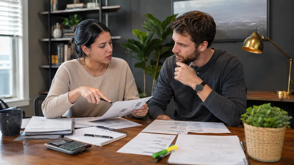 Learner working through real estate exam math notes with a calculator, highlighted formulas, and practice pages spread across a desk.