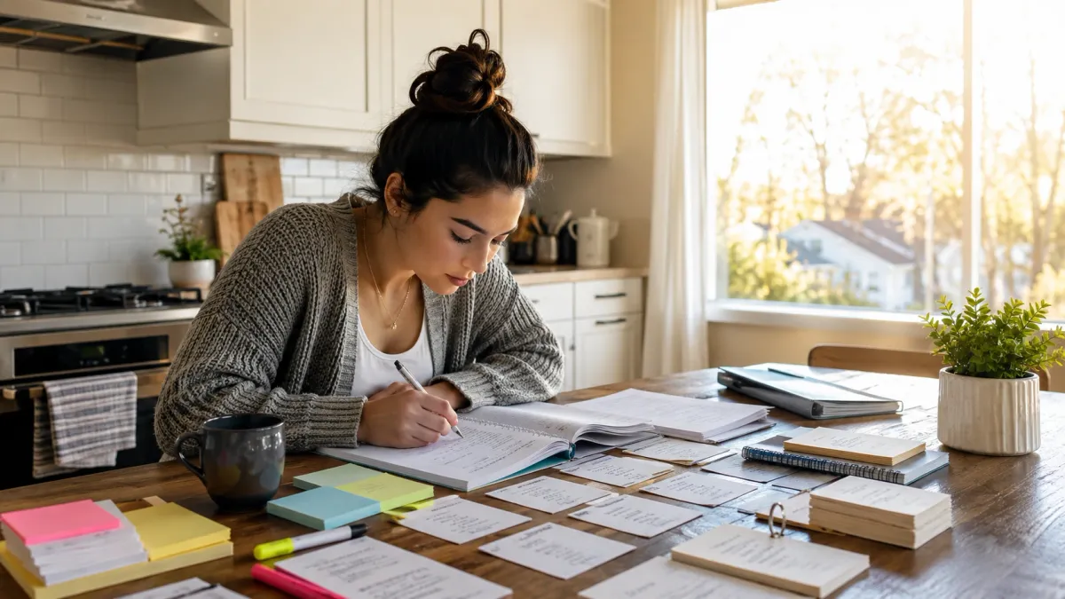 Focused real estate exam study scene with printed notes, flashcards, and a laptop on a tidy desk.