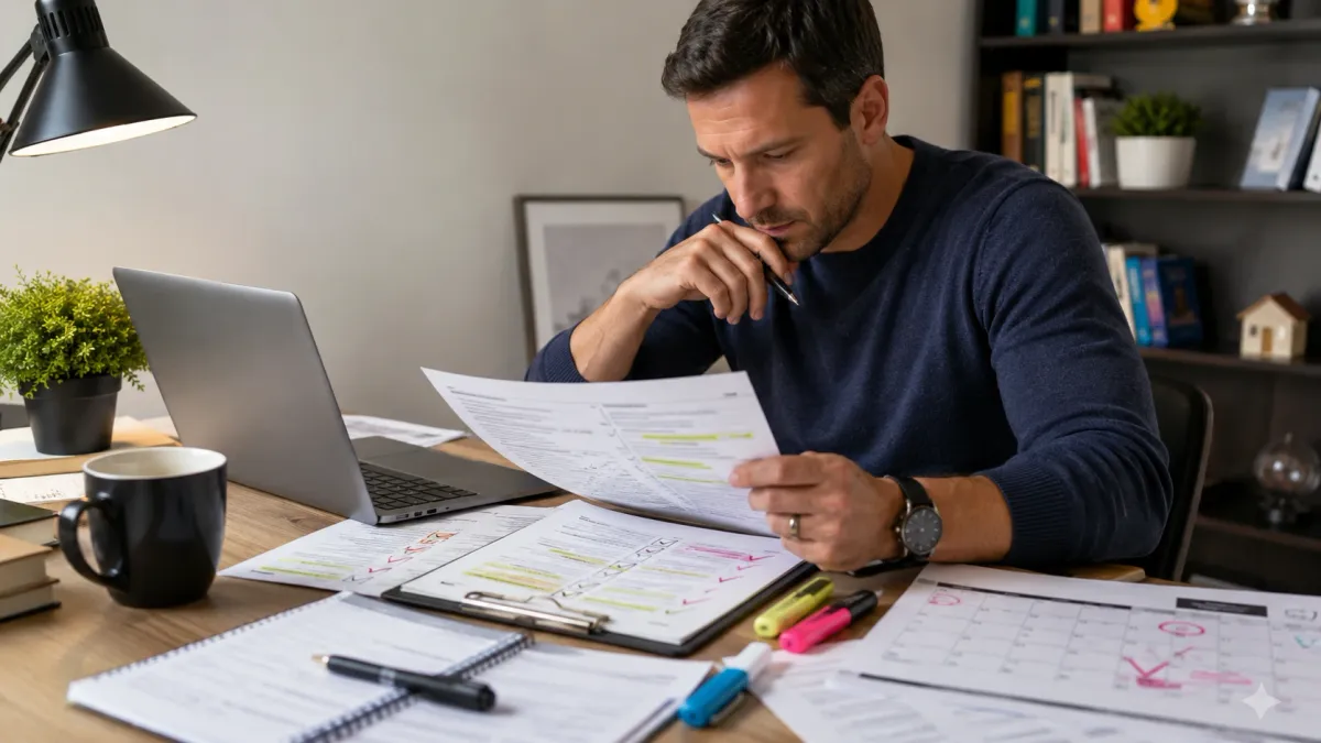 Learner reviewing a real estate exam study page with highlighted question stems, notes, and flashcards on a desk.