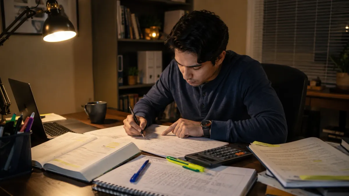 Learner working through real estate exam math notes with a calculator, highlighted formulas, and practice pages spread across a desk.