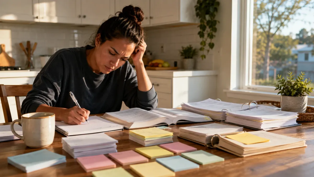 Learner working through real estate exam math notes with a calculator, highlighted formulas, and practice pages spread across a desk.
