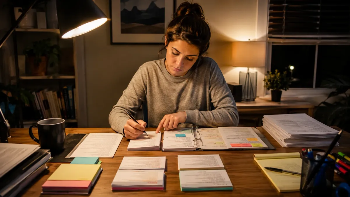 Focused real estate exam study scene with printed notes, flashcards, and a laptop on a tidy desk.