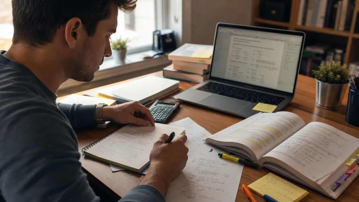 Learner working through real estate exam math notes with a calculator, highlighted formulas, and practice pages spread across a desk.