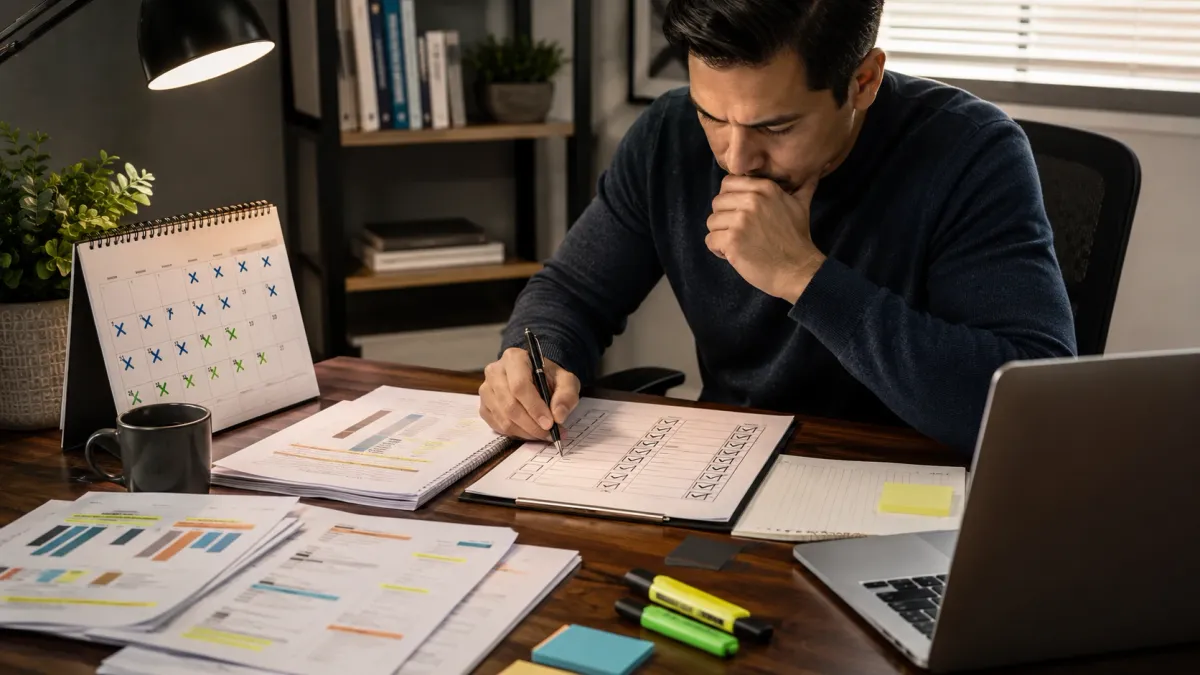 A focused real estate exam study session with a learner reviewing notes and practice materials at a desk.
