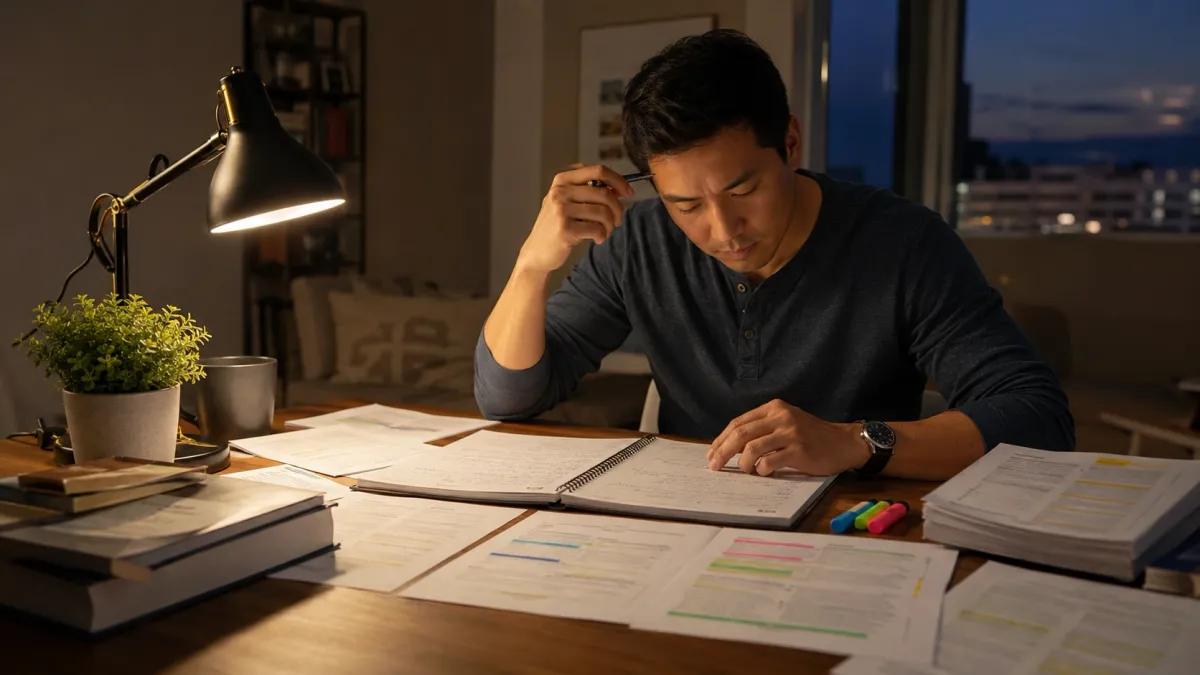 Learner completing real estate practice questions with answer sheets, notes, and study materials arranged on a desk.