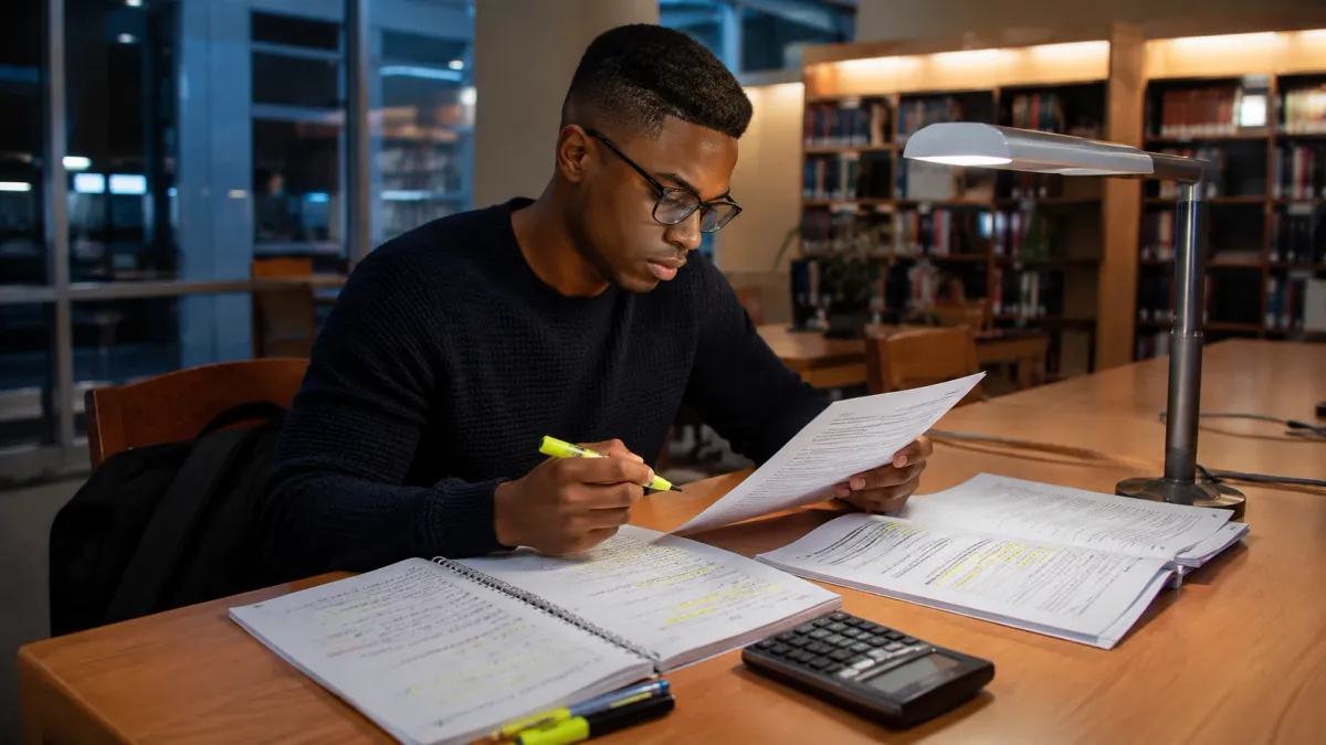 Learner reviewing a real estate exam study page with highlighted question stems, notes, and flashcards on a desk.