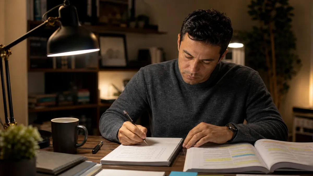 Tired real estate exam candidate doing a short focused review session under a desk lamp with notes and coffee.