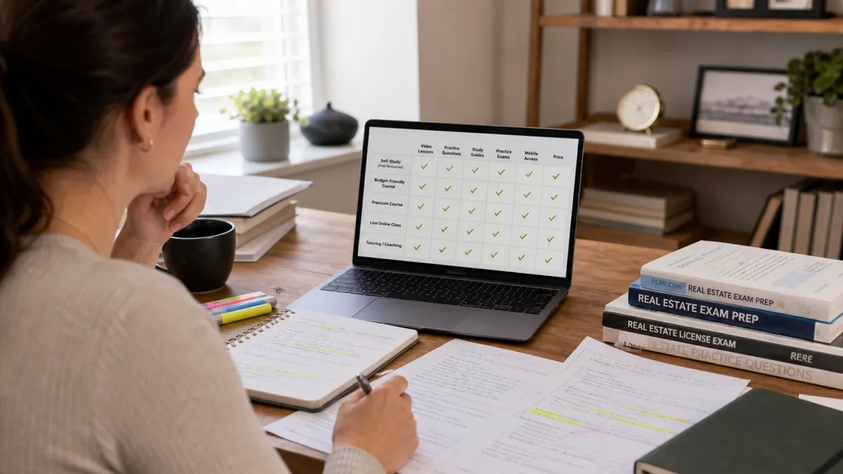 Real estate exam candidate comparing prep options on a laptop with notes and study materials spread across a desk.