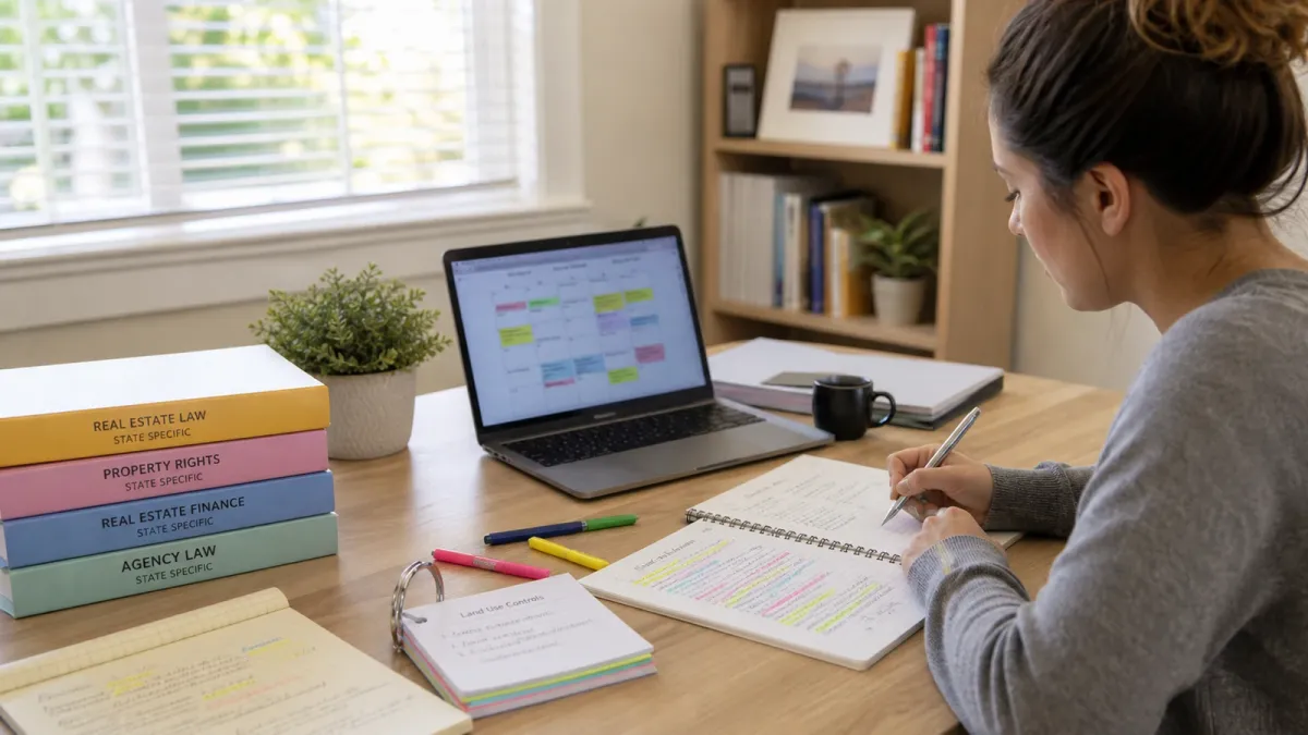 Real estate exam candidate reviewing state-specific notes with a U.S. map study sheet at a desk.