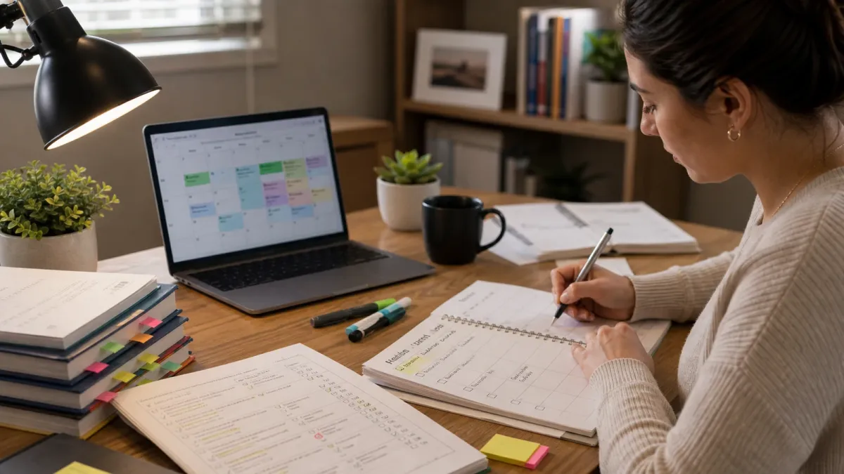 Real estate exam study setup with a planner, calendar, laptop, and notes laid out for a structured review session.