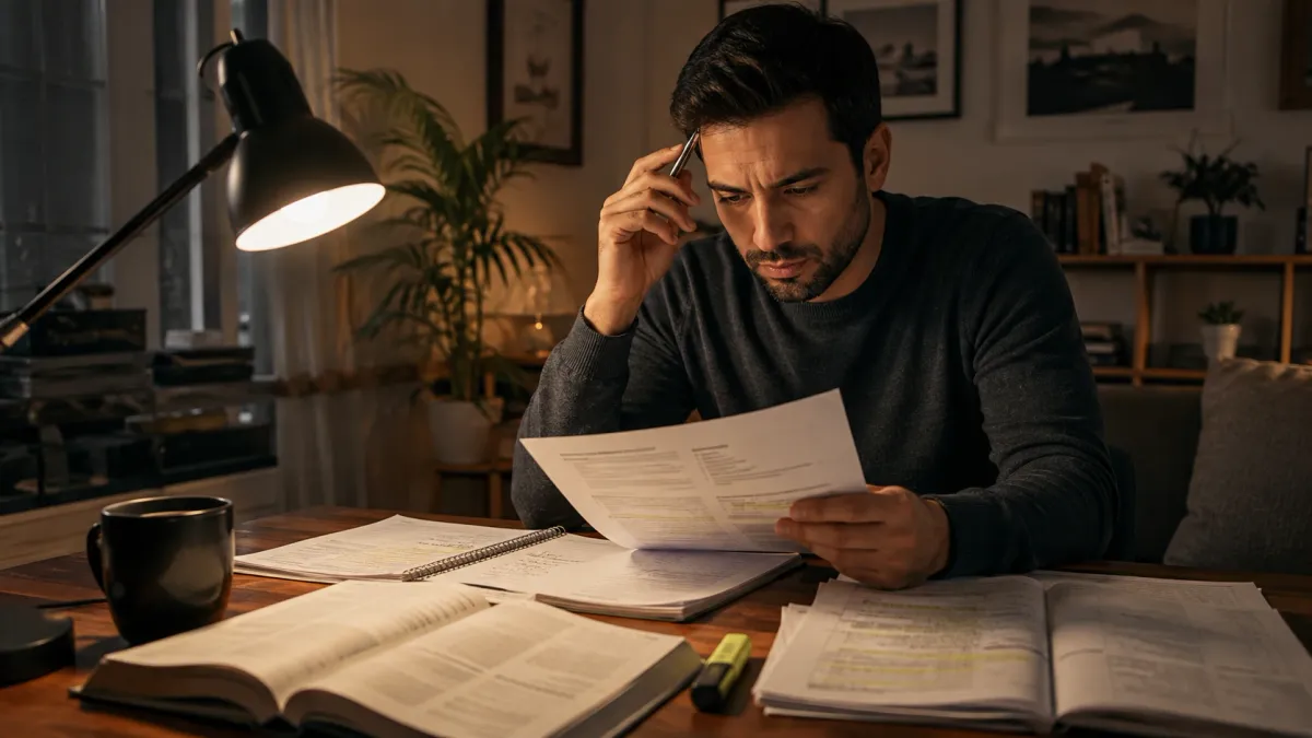 Learner completing real estate practice questions with answer sheets, notes, and study materials arranged on a desk.