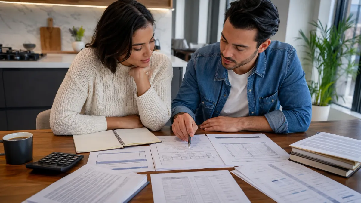 Learner working through real estate exam math notes with a calculator, highlighted formulas, and practice pages spread across a desk.