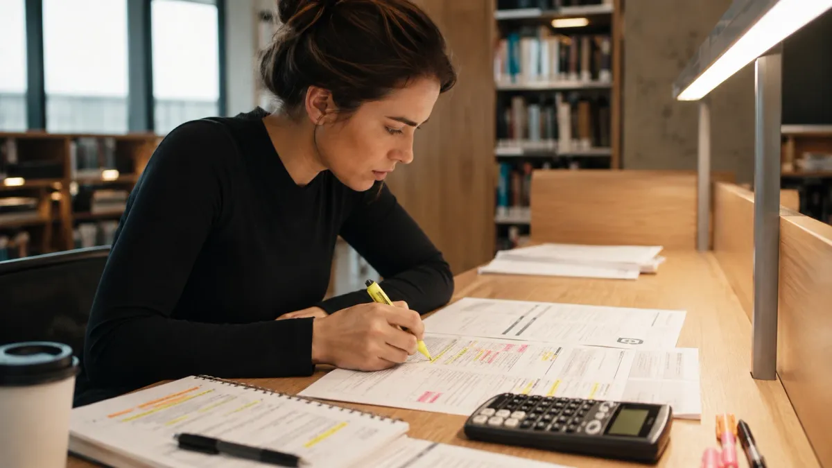 Real estate exam study setup with a planner, calendar, laptop, and notes laid out for a structured review session.