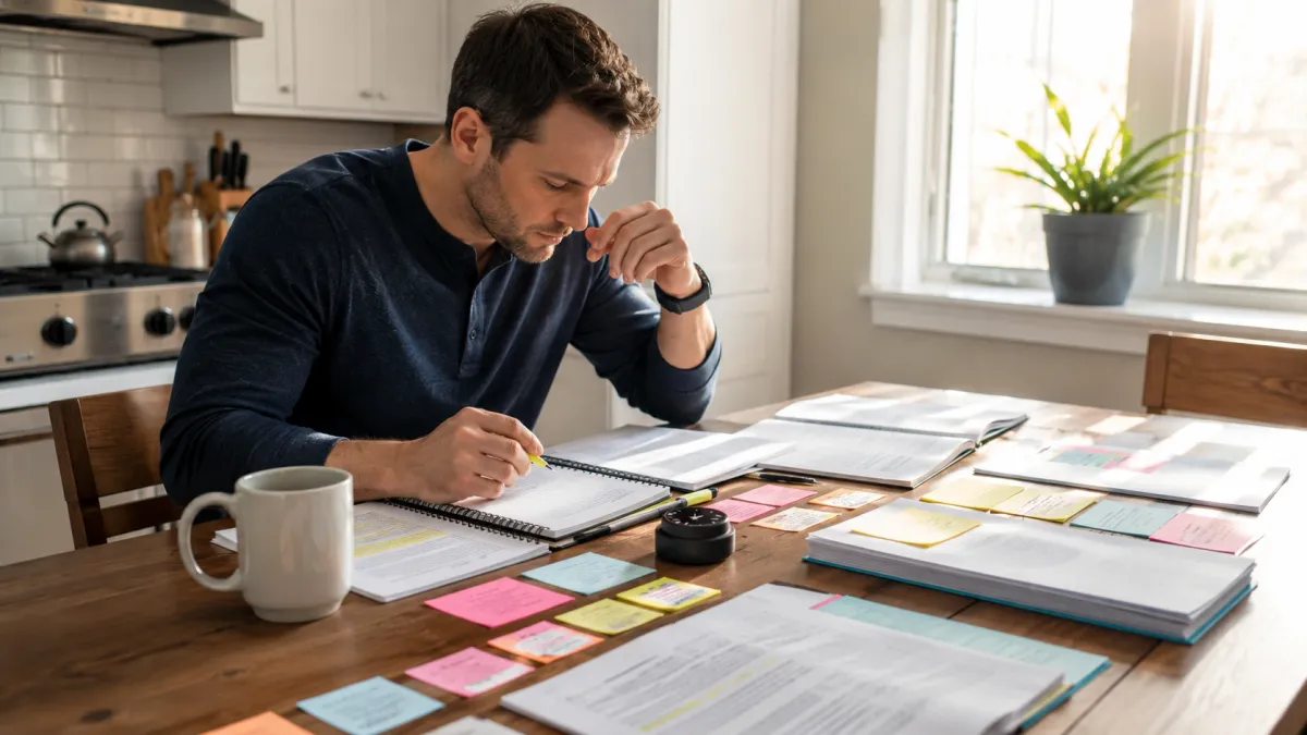 Learner reviewing a real estate exam study page with highlighted question stems, notes, and flashcards on a desk.