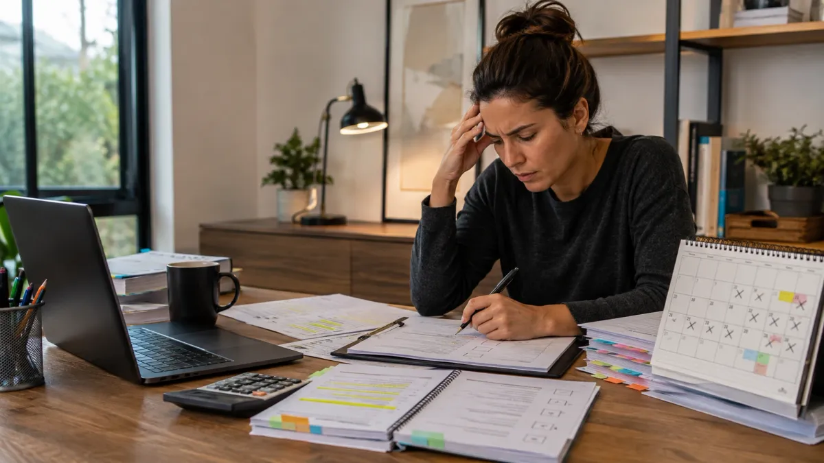 Learner working through real estate exam math notes with a calculator, highlighted formulas, and practice pages spread across a desk.