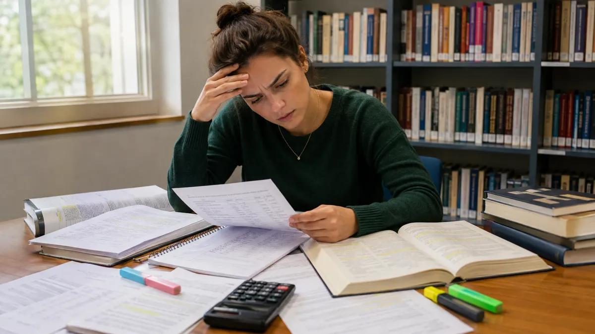 Learner reviewing a real estate exam study page with highlighted question stems, notes, and flashcards on a desk.