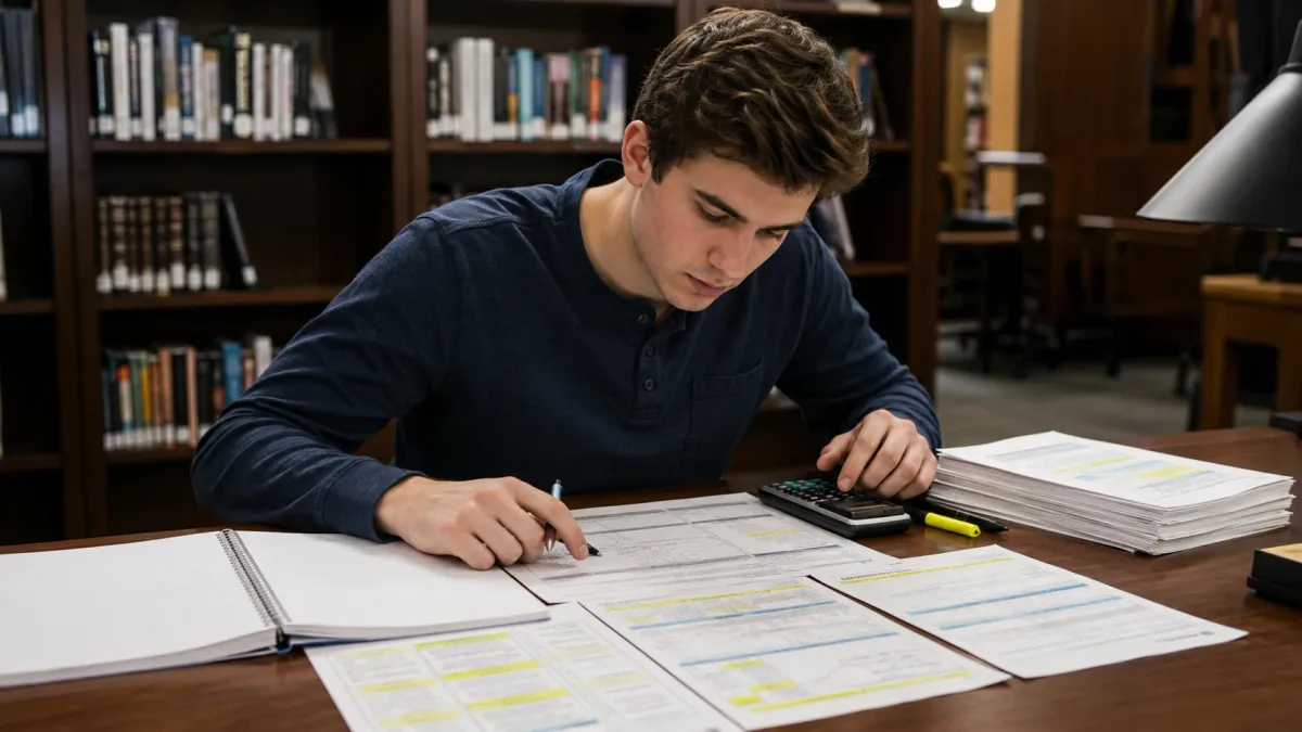 Learner working through real estate exam math notes with a calculator, highlighted formulas, and practice pages spread across a desk.