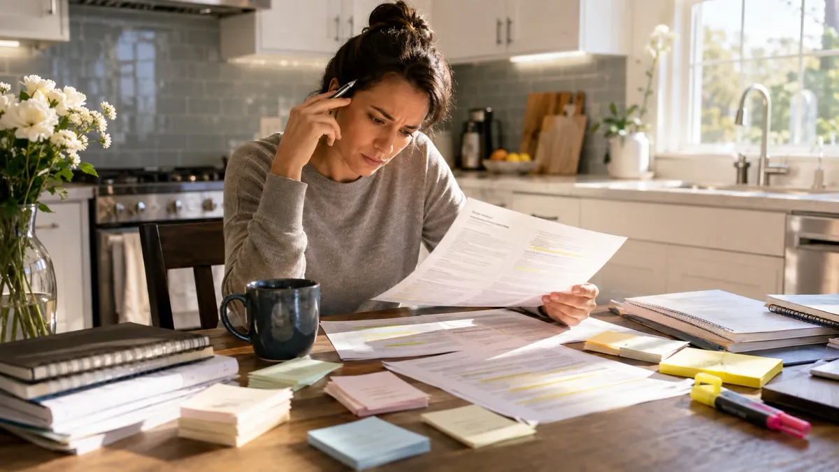 Learner completing real estate practice questions with answer sheets, notes, and study materials arranged on a desk.