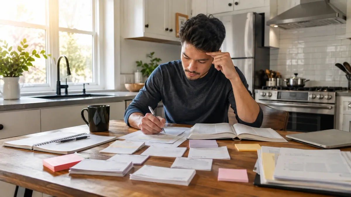 Learner reviewing a real estate exam study page with highlighted question stems, notes, and flashcards on a desk.