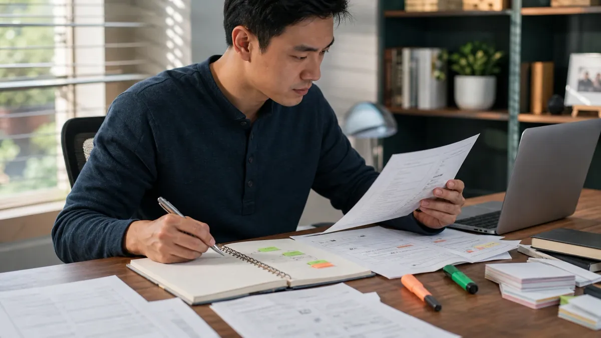 Learner reviewing a real estate exam study page with highlighted question stems, notes, and flashcards on a desk.