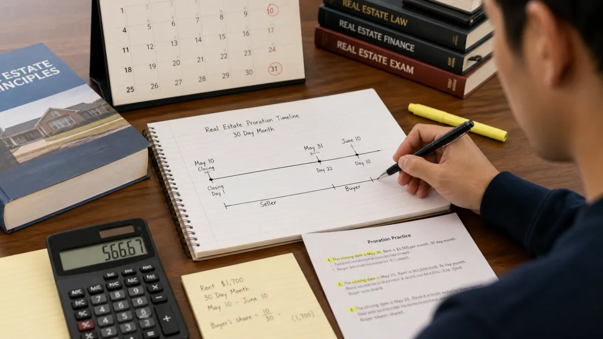 Learner working through real estate exam math notes with a calculator, highlighted formulas, and practice pages spread across a desk.