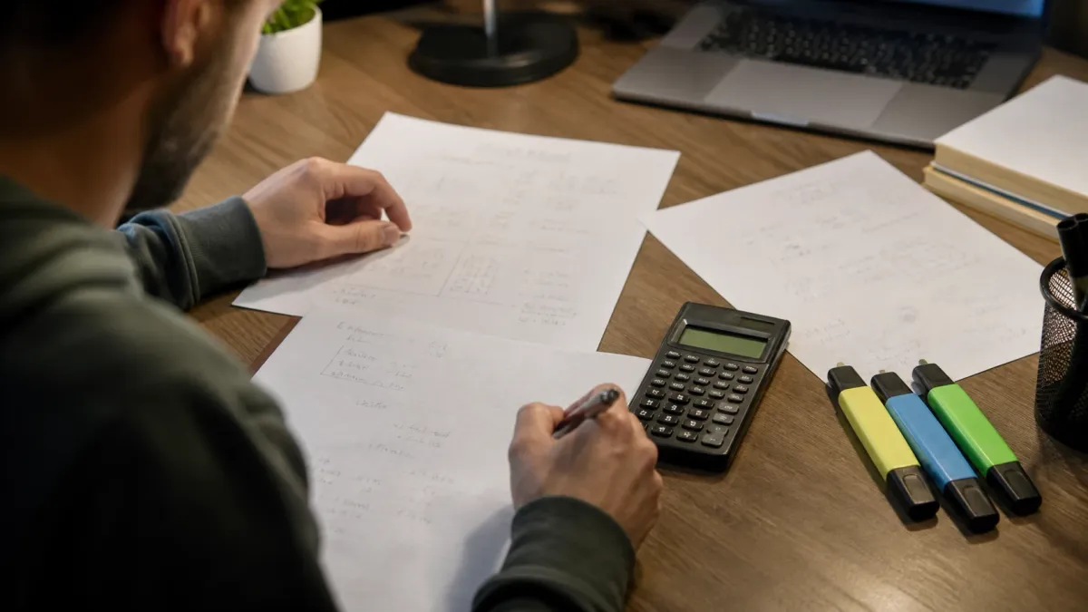 Learner working through real estate exam math notes with a calculator, highlighted formulas, and practice pages spread across a desk.