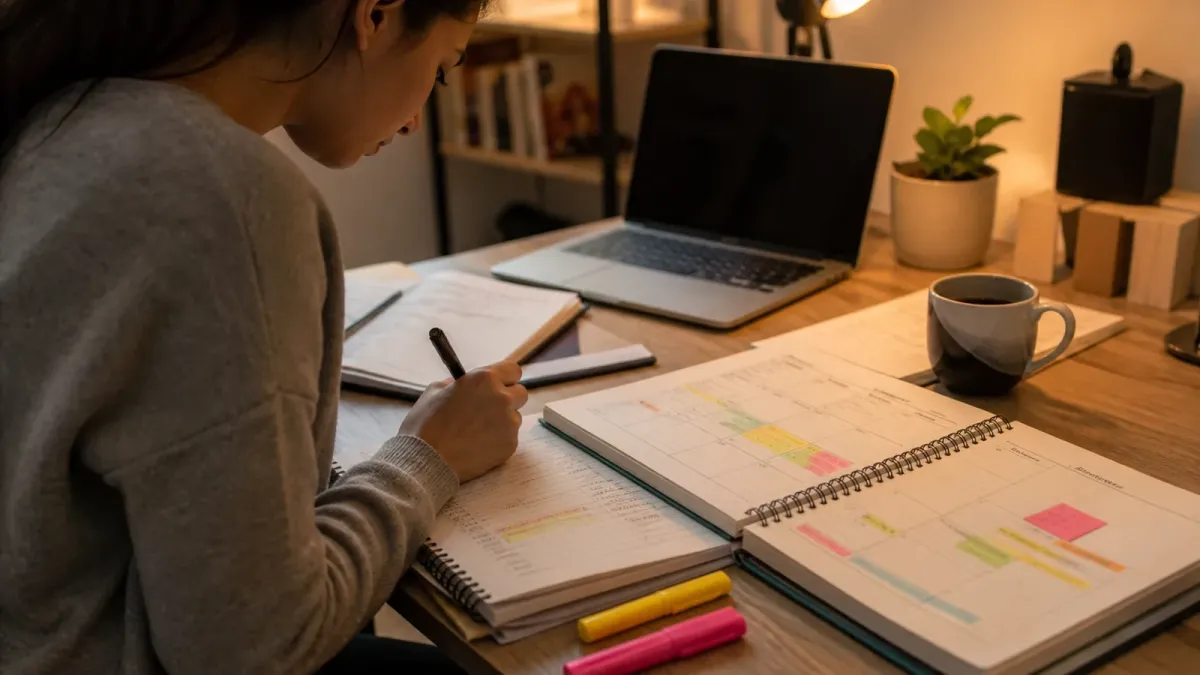 Realistic evening study planner scene for building a real estate exam review schedule around work.