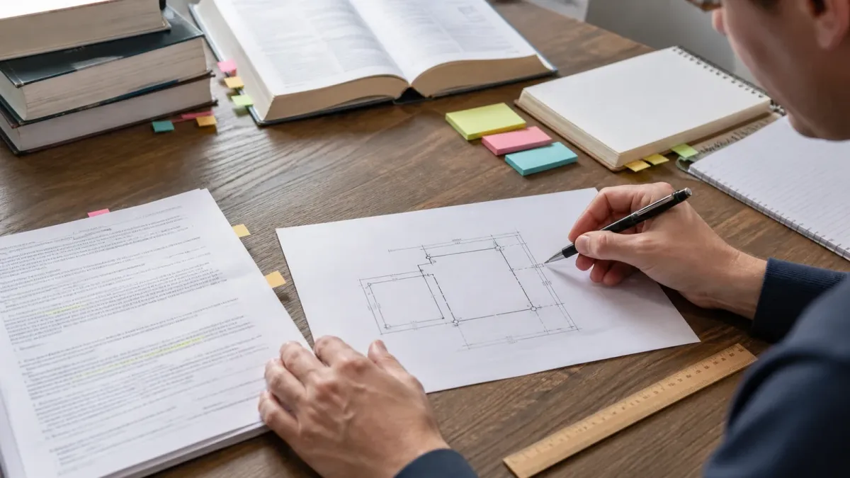 Realistic study desk scene with parcel sketch and notes for reviewing real estate property description questions.