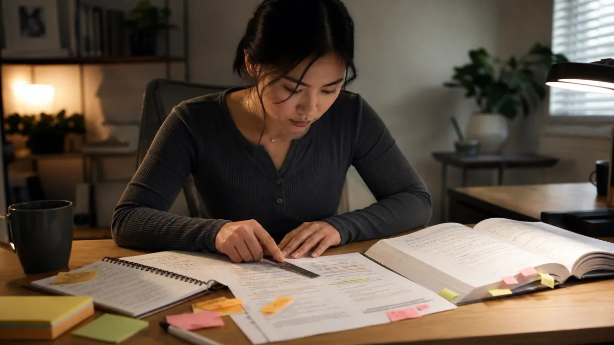Learner reviewing a real estate exam study page with highlighted question stems, notes, and flashcards on a desk.