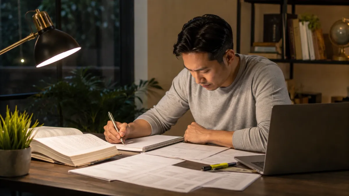 Learner reviewing a real estate exam study page with highlighted question stems, notes, and flashcards on a desk.