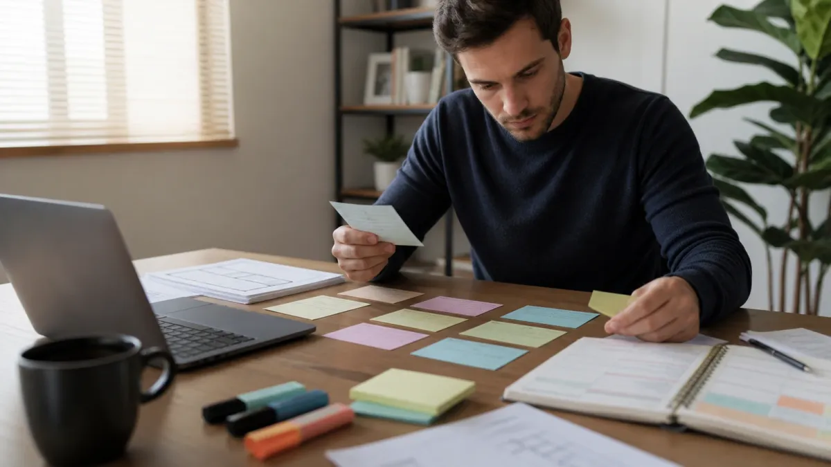 Real estate exam learner sorting categorized mistake cards at a study desk.