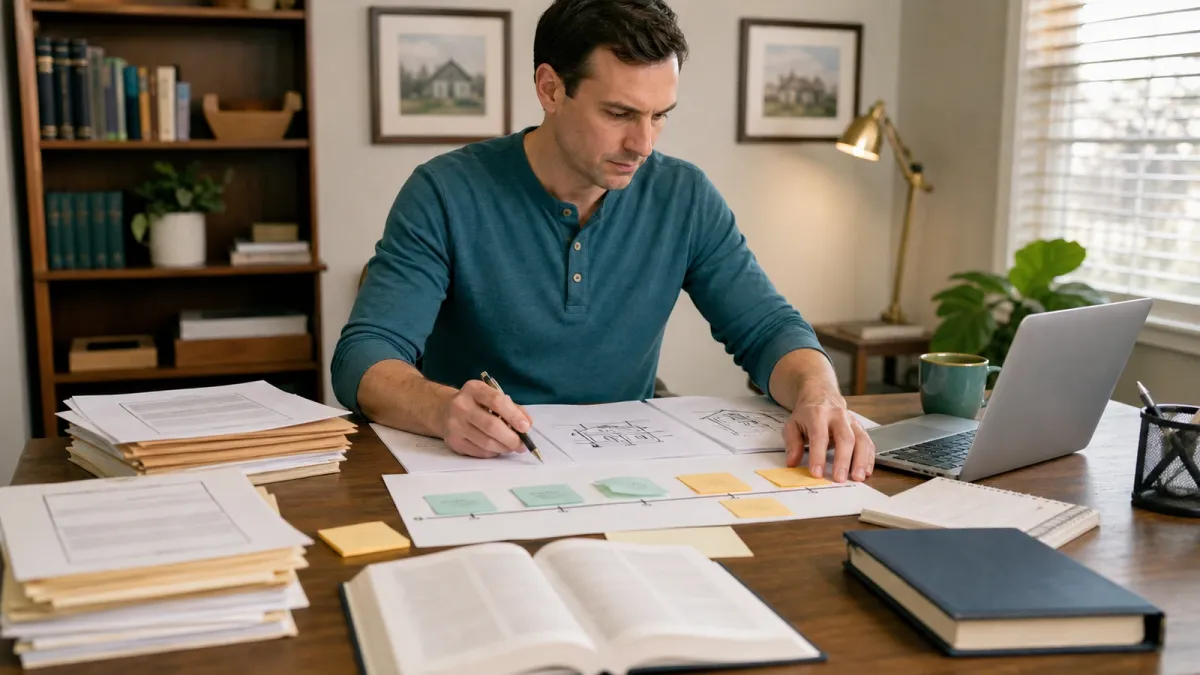 Real estate exam learner reviewing transfer documents, timelines, and study notes.