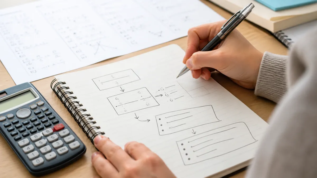 Learner working through real estate exam math notes with a calculator, highlighted formulas, and practice pages spread across a desk.