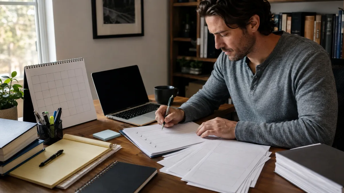 Real estate exam study setup with a planner, calendar, laptop, and notes laid out for a structured review session.