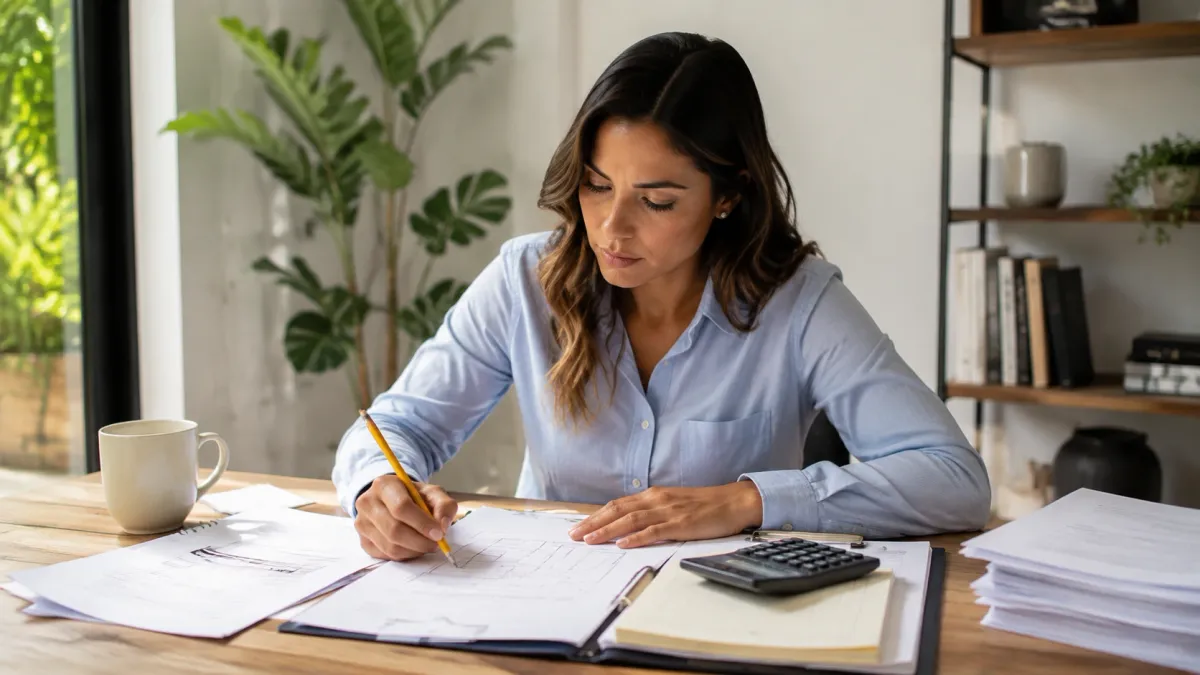 Learner working through real estate exam math notes with a calculator, highlighted formulas, and practice pages spread across a desk.