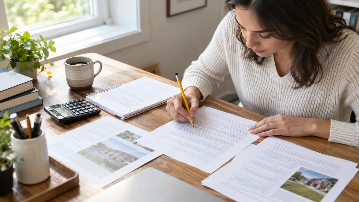 Learner working through real estate exam math notes with a calculator, highlighted formulas, and practice pages spread across a desk.