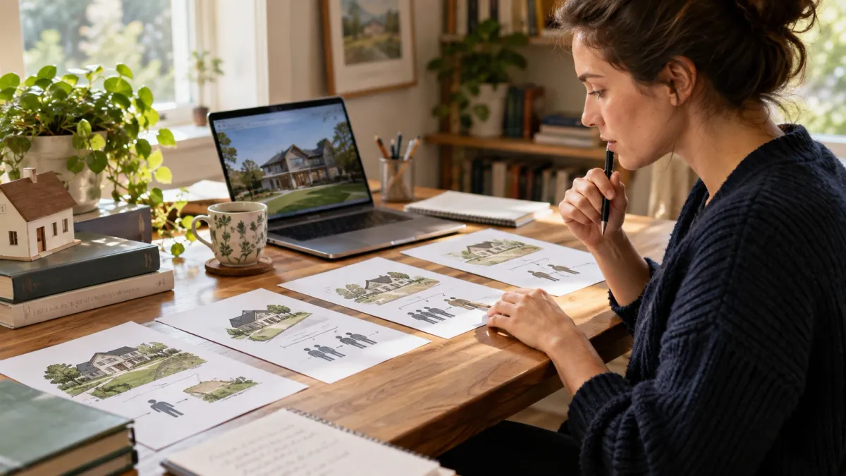 Focused real estate exam study scene with printed notes, flashcards, and a laptop on a tidy desk.