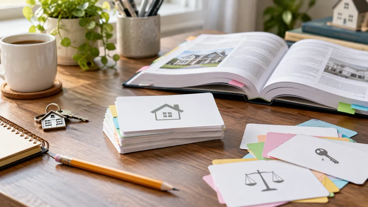 Learner reviewing a real estate exam study page with highlighted question stems, notes, and flashcards on a desk.