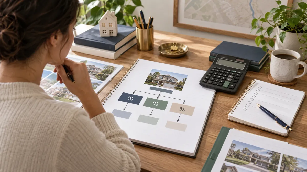 Learner working through real estate exam math notes with a calculator, highlighted formulas, and practice pages spread across a desk.