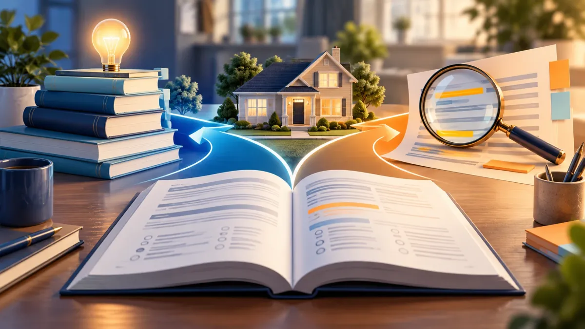 Learner reviewing a real estate exam study page with highlighted question stems, notes, and flashcards on a desk.
