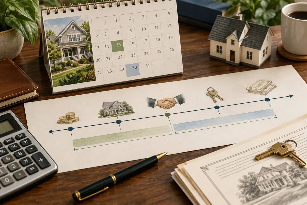 Learner working through real estate exam math notes with a calculator, highlighted formulas, and practice pages spread across a desk.