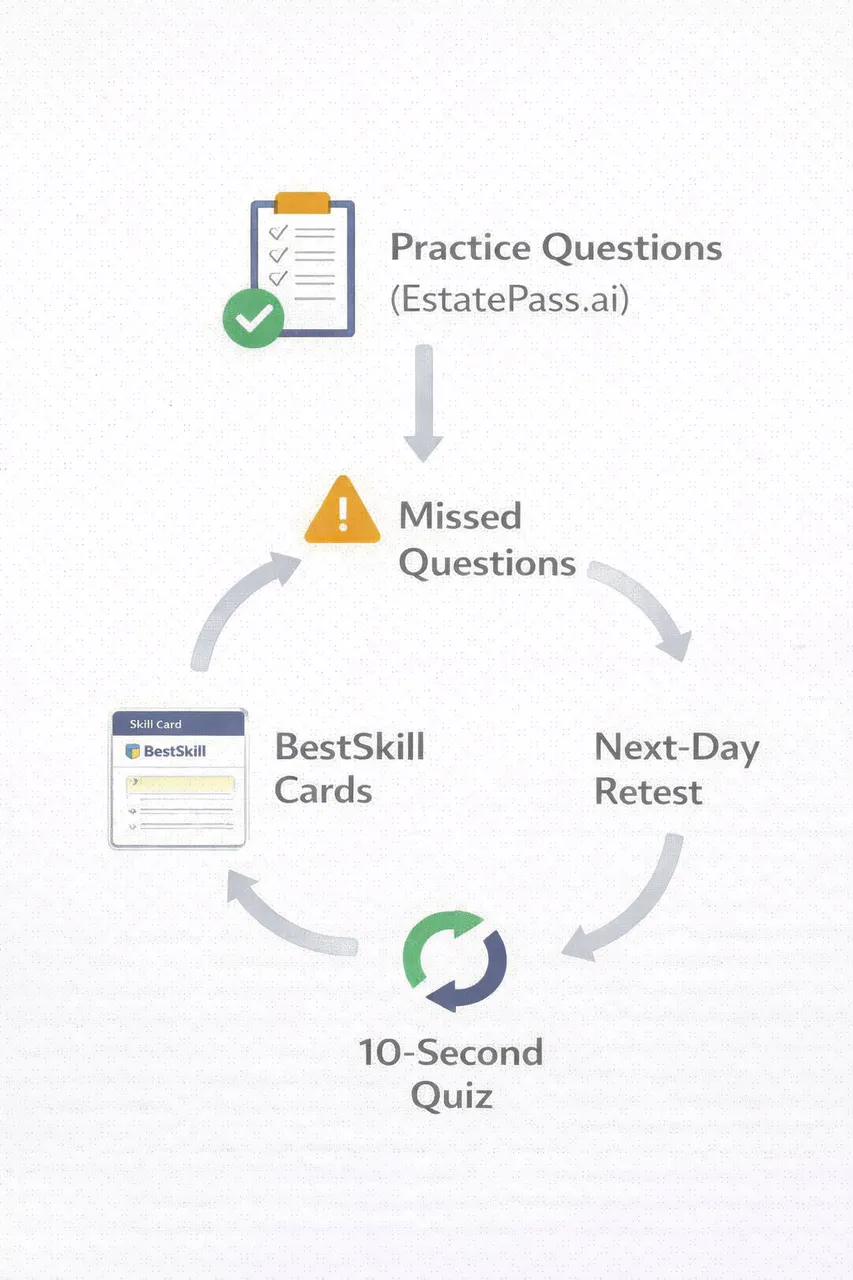 EstatePass.ai Learning Loop: Practice Questions → Missed Questions → BestSkill Cards → 10-Second Quiz → Next-Day Retest
